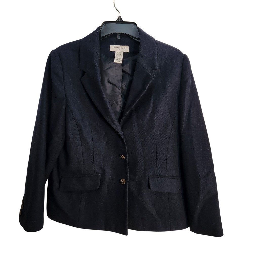 Sag Harbor Petite Navy Blue 100% Wool 3-Button Blazer Jacket Size 8P Vintage